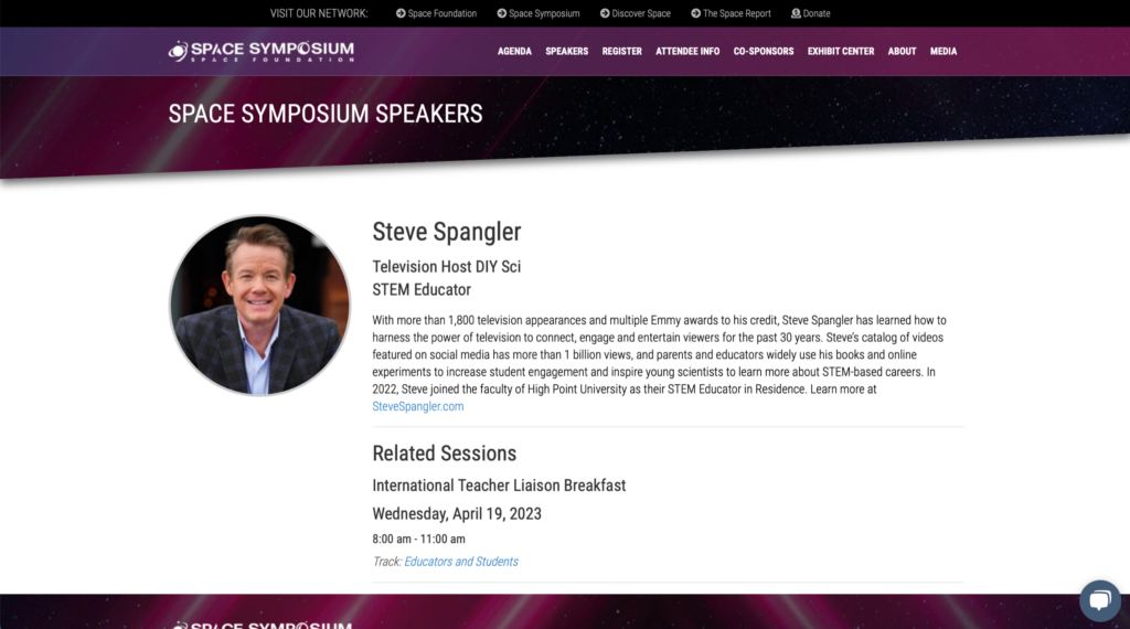 Space Symposium 2023 program with Steve Spangler's session